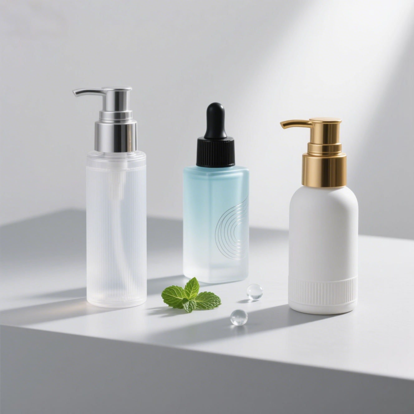 Glass essence bottles with droppers and pumps