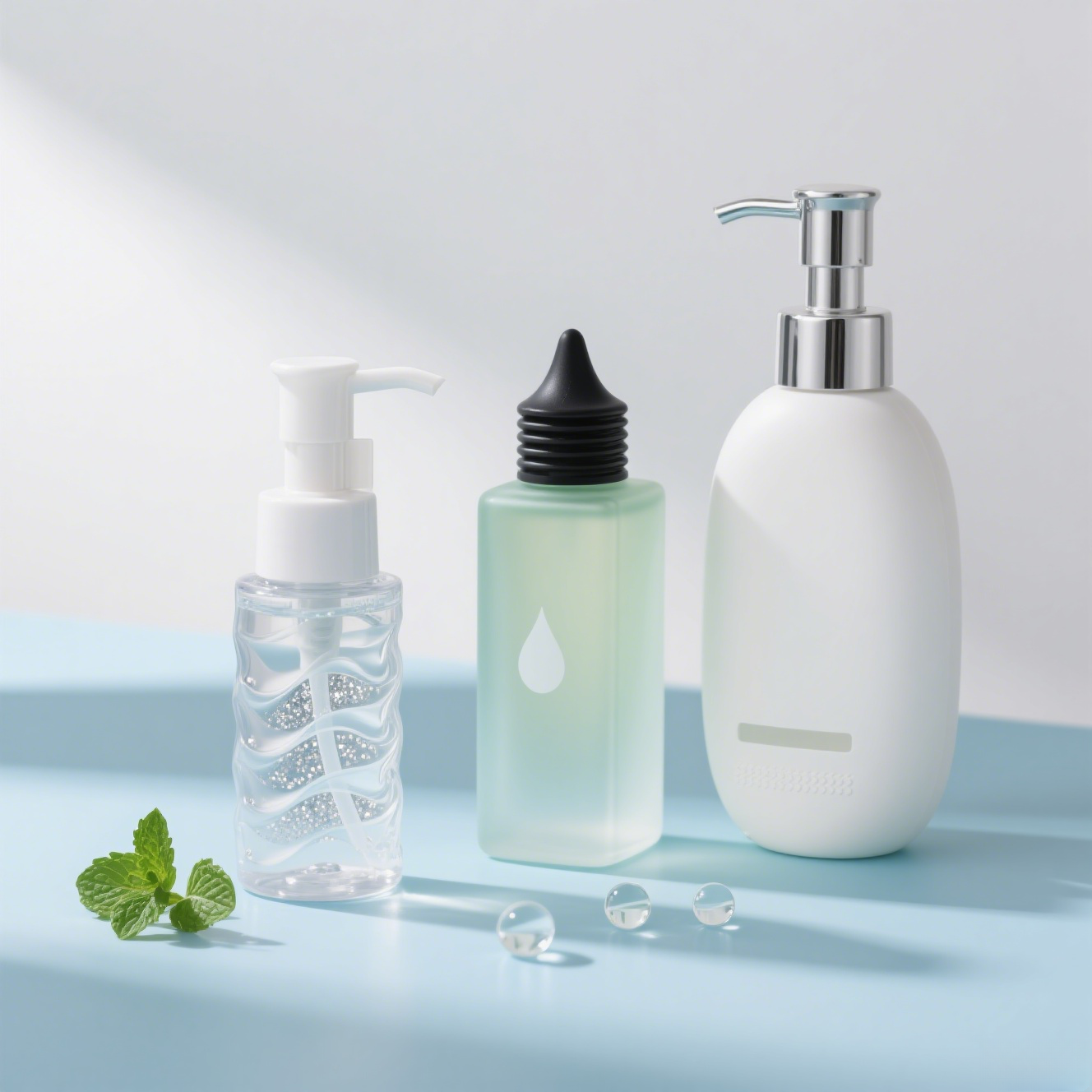 Plastic refill bottles with pump and droppers