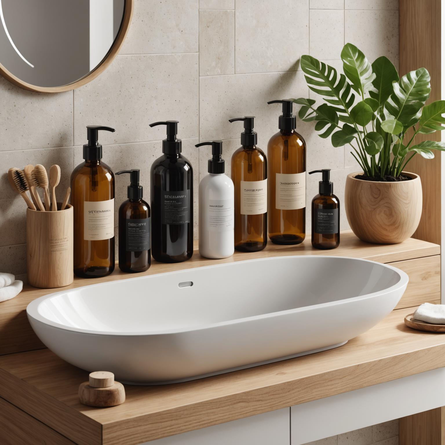 Elegancia sostenible: Botella de champú y artículos esenciales para el baño