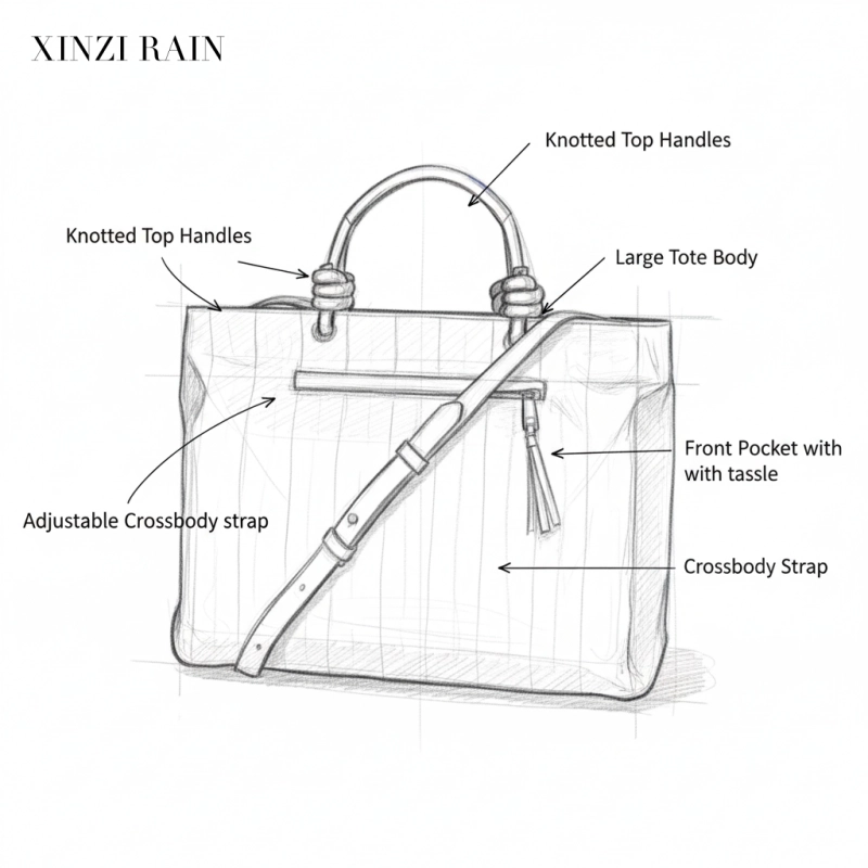 Custom Vegan Leather Tote Handbag with Knotted Handles & Crossbody Strap