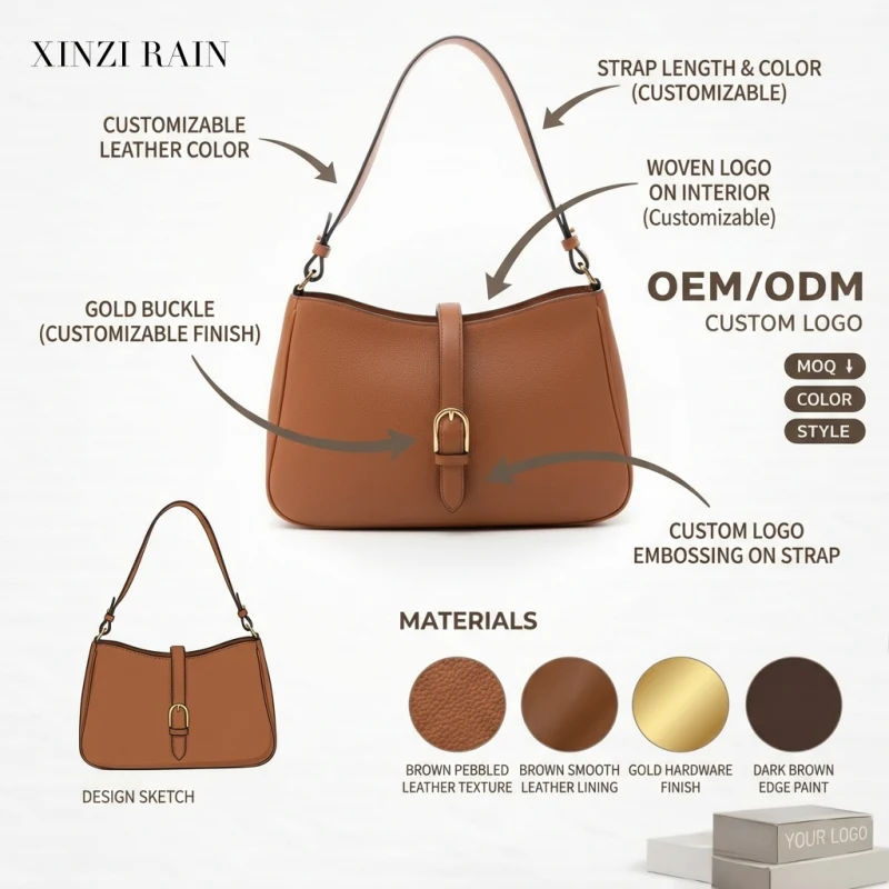 Custom Leather Shoulder Bag with Buckle Closure | OEM & Private Label
