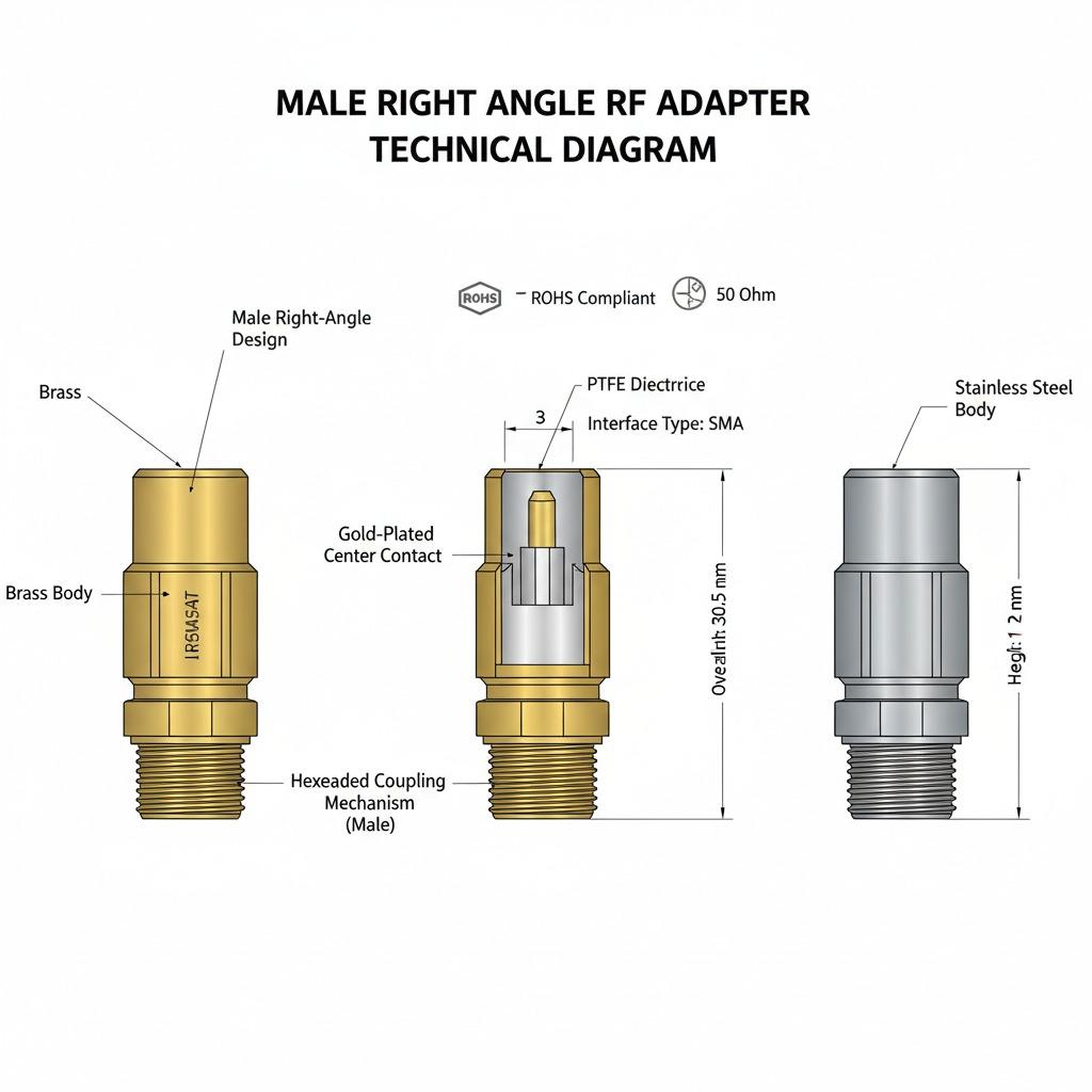 Adaptador RF macho en ángulo recto