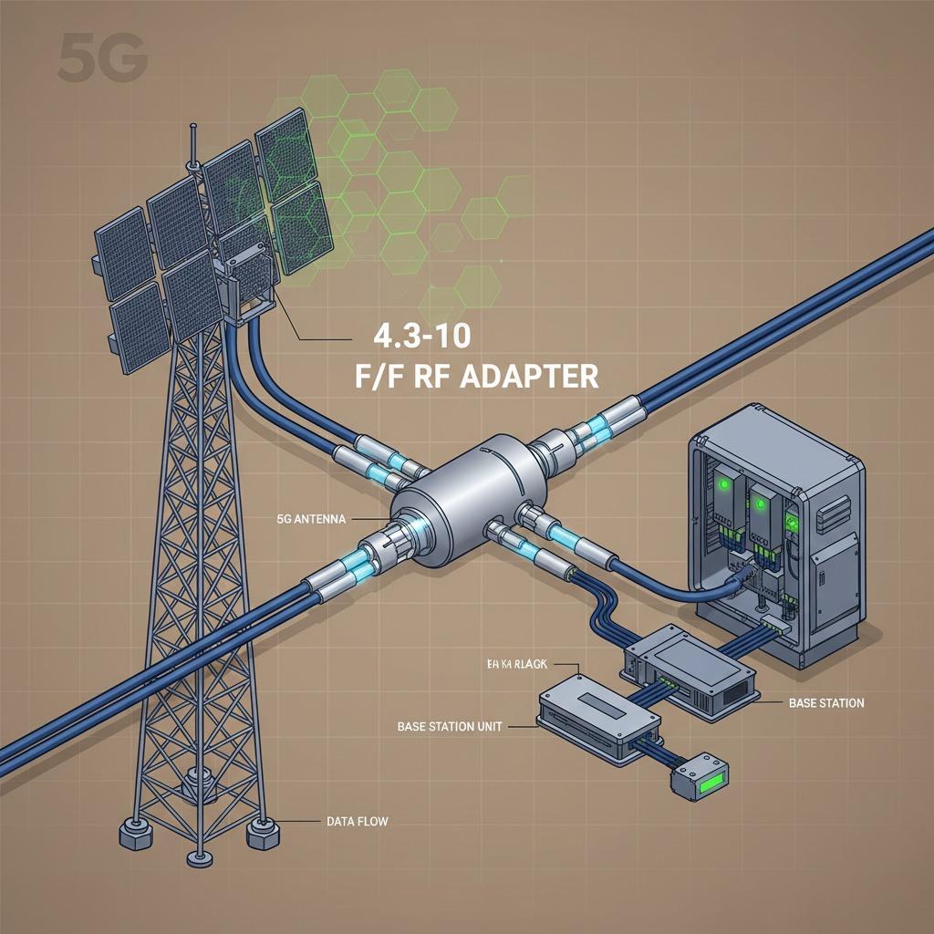 Adattatore RF da femmina a femmina 4.3-10 con contatti in rame, grado di protezione IP55 e basso PIM per comunicazioni mobili 5G.
