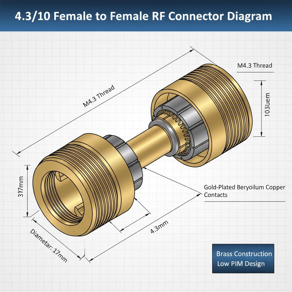 4.3/10 Female to Female RF Connector 50 Ohm Coaxial Adapter (Brass -65~+165C) for Test Equipment & RF Systems