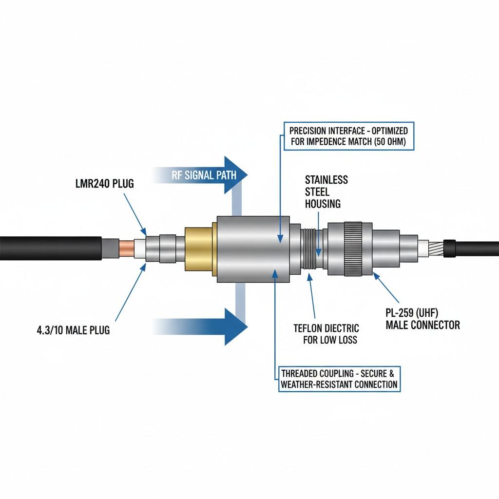 LMR240-zu-RG8X-Stecker 4,3/10-mm-Stecker, verlustarmer HF-Adapter für Koaxialkabel, Konverter 4,3-10 Mini-DIN auf RG8X/LMR240