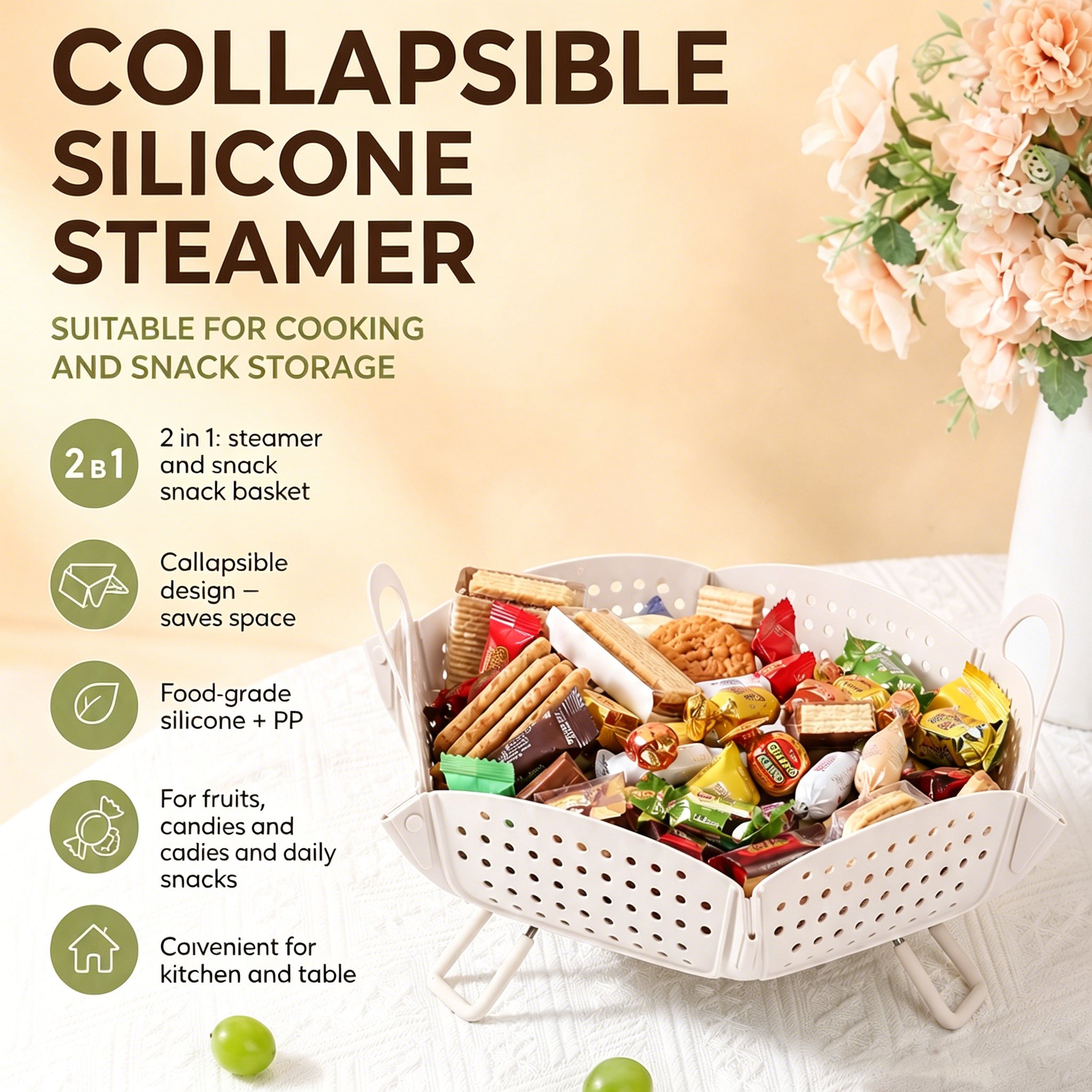 collapsible silicone basket steamer for kitchen