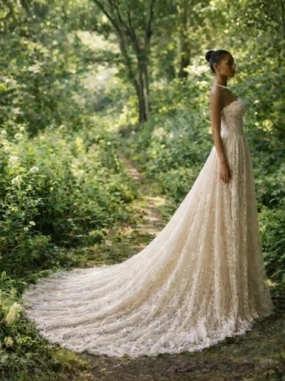 wedding dress with long lace train forest