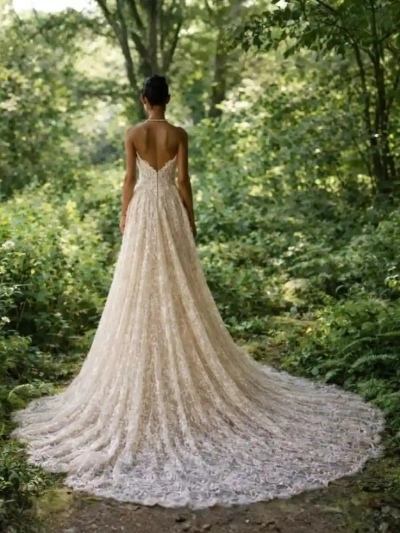 bride wearing long lace dress outdoors