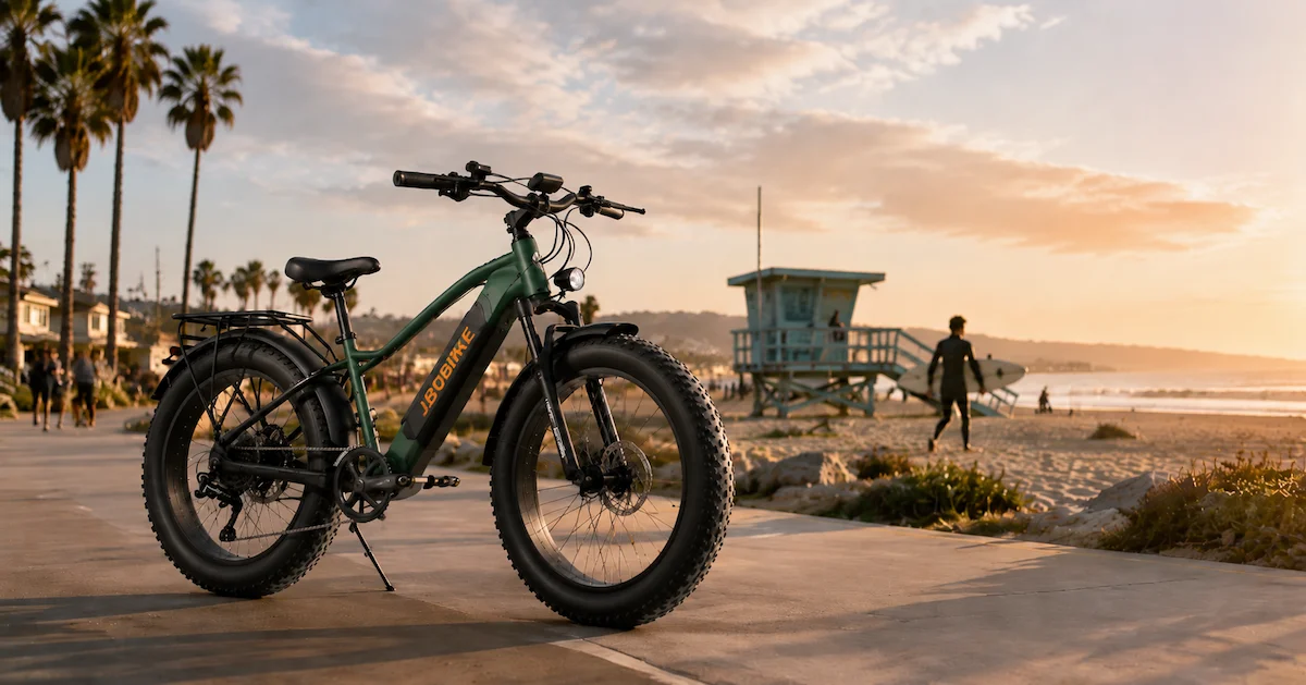 JOBOBIKE beach fat tire e-bike scene