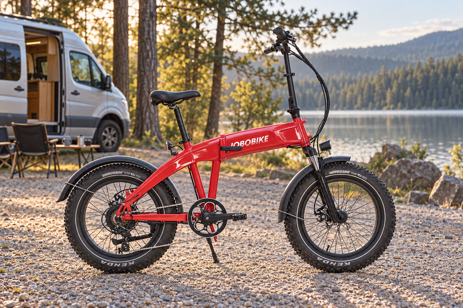 AI-created illustration of a red JOBO folding fat-tire electric bicycle beside an RV at a lakeside campsite