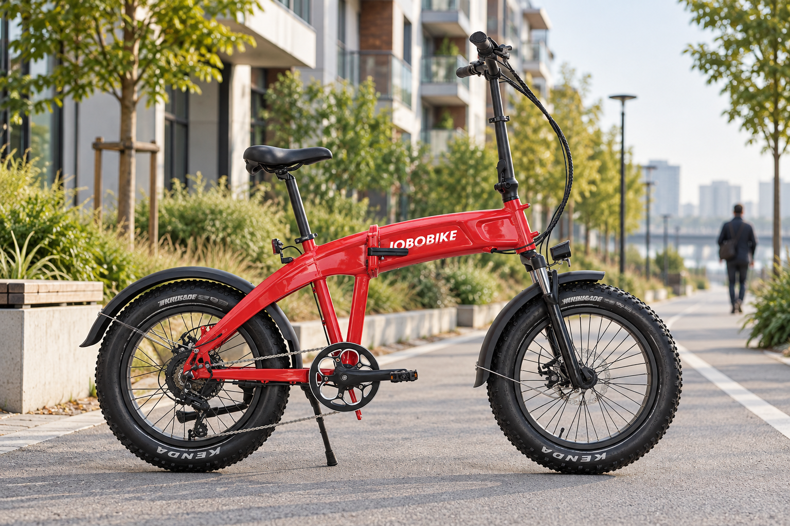 AI-created illustration of a red JOBO folding fat-tire electric bike parked beside an urban apartment cycle route
