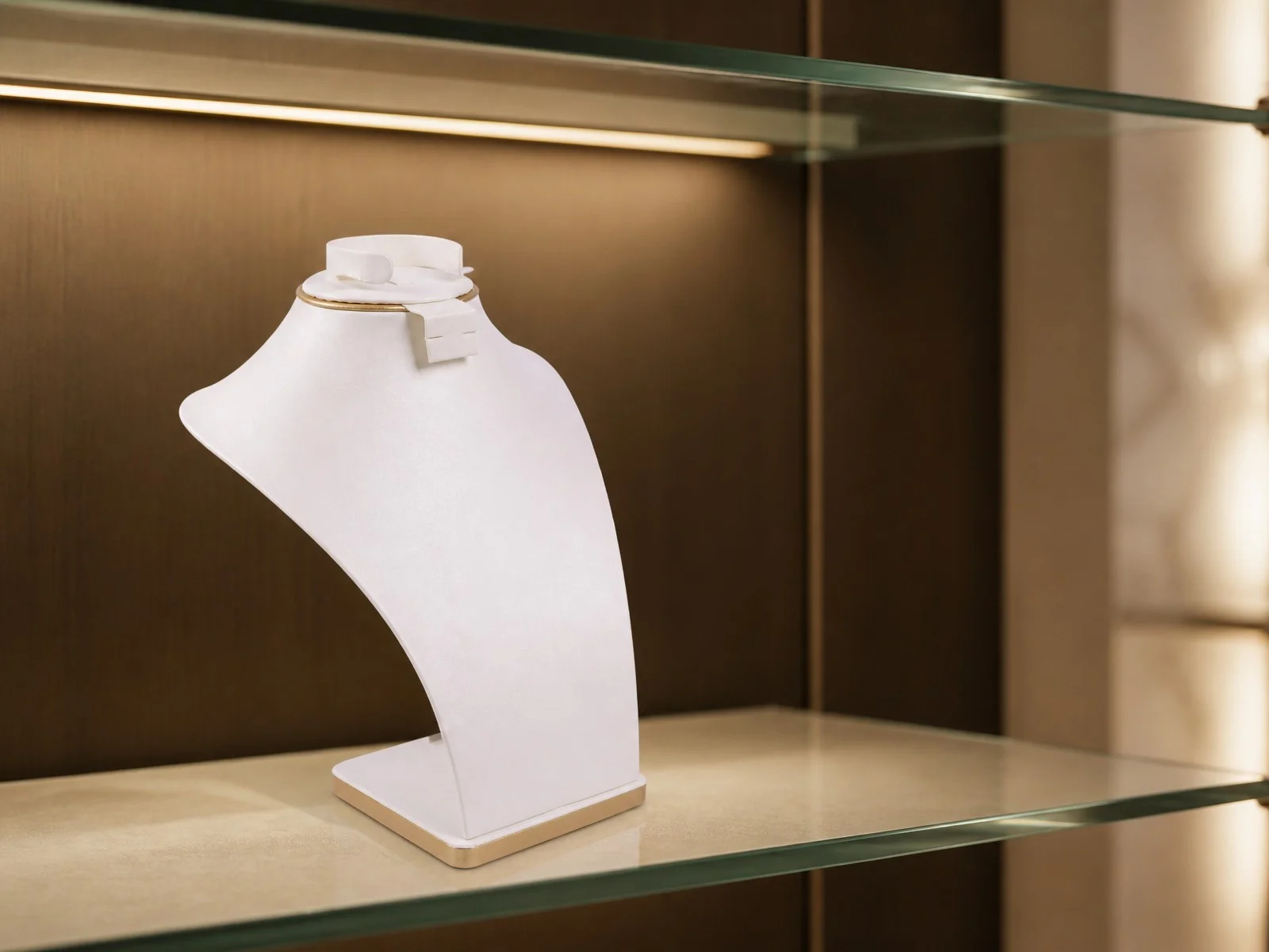 Jewelry display manufacturer finished fixture - white velvet necklace display bust with a gold-trimmed base, standing on a glass shelf inside a warmly lit retail showcase