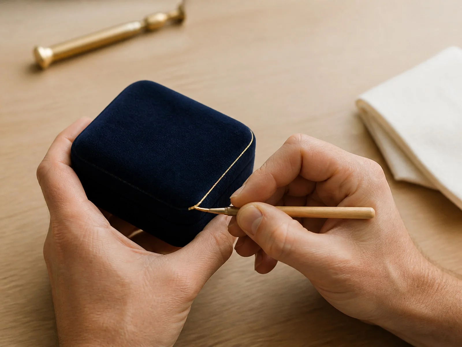 custom jewelry packaging cost driver - two hands drawing a fine gold edge line with a small brush along a navy velvet jewellery box on a clean wooden workbench