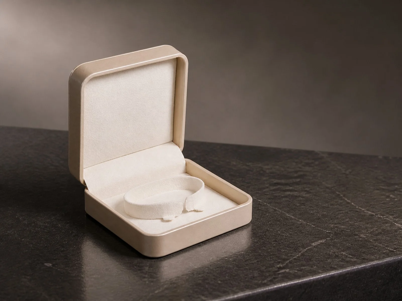 custom jewelry packaging cost by format - a cream jewellery box shown open with a fitted insert and a soft roll for a bracelet or watch, photographed on dark stone
