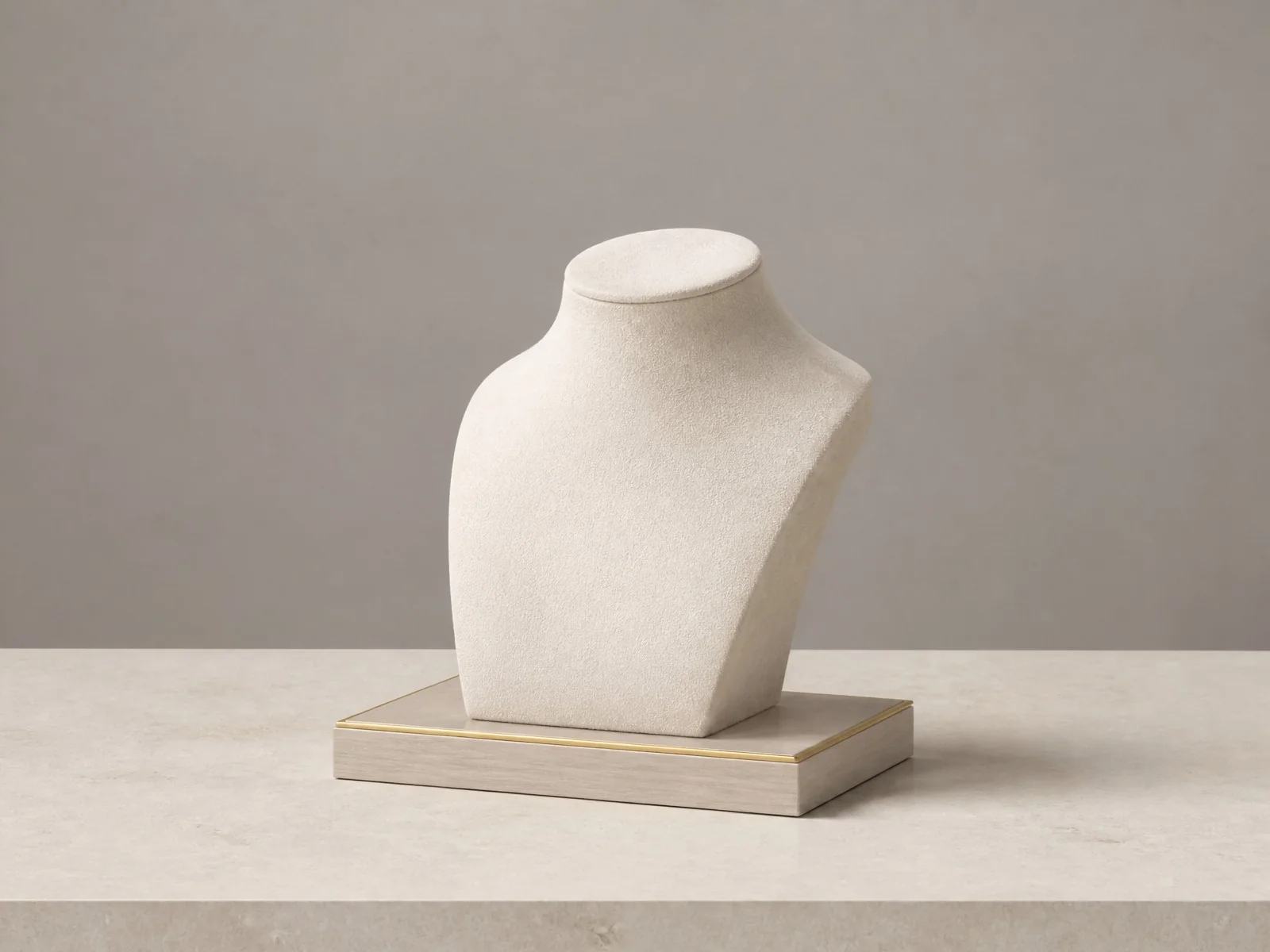 Jewelry display manufacturer series image one - ivory velvet necklace display stand on a grey-washed wooden base with a gold line, shown on a travertine counter against a grey wall