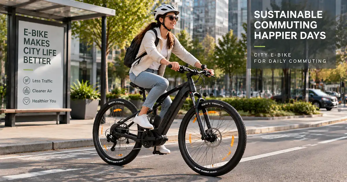 Woman riding city e-bike for daily commuting