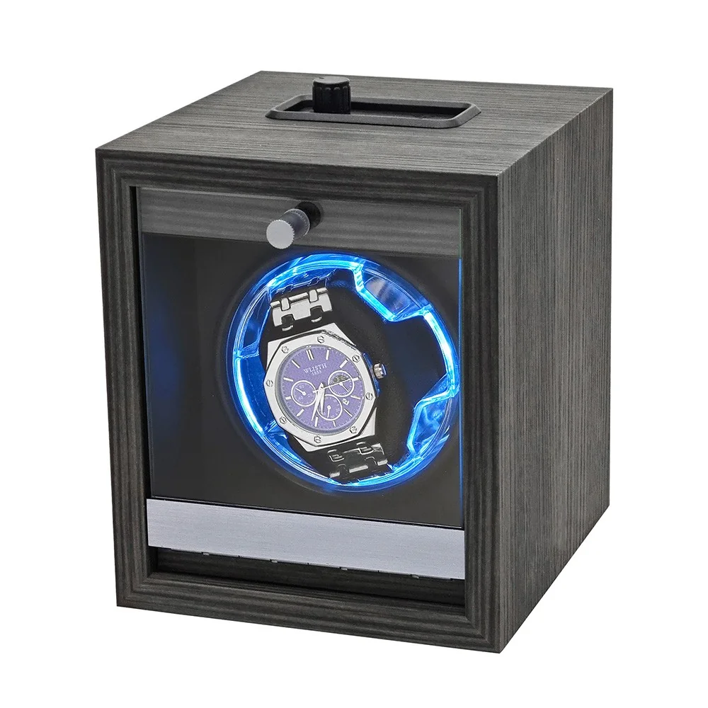 Watch winder manufacturer series image one - single-slot cabinet in the same dark wood-grain and glass-door design