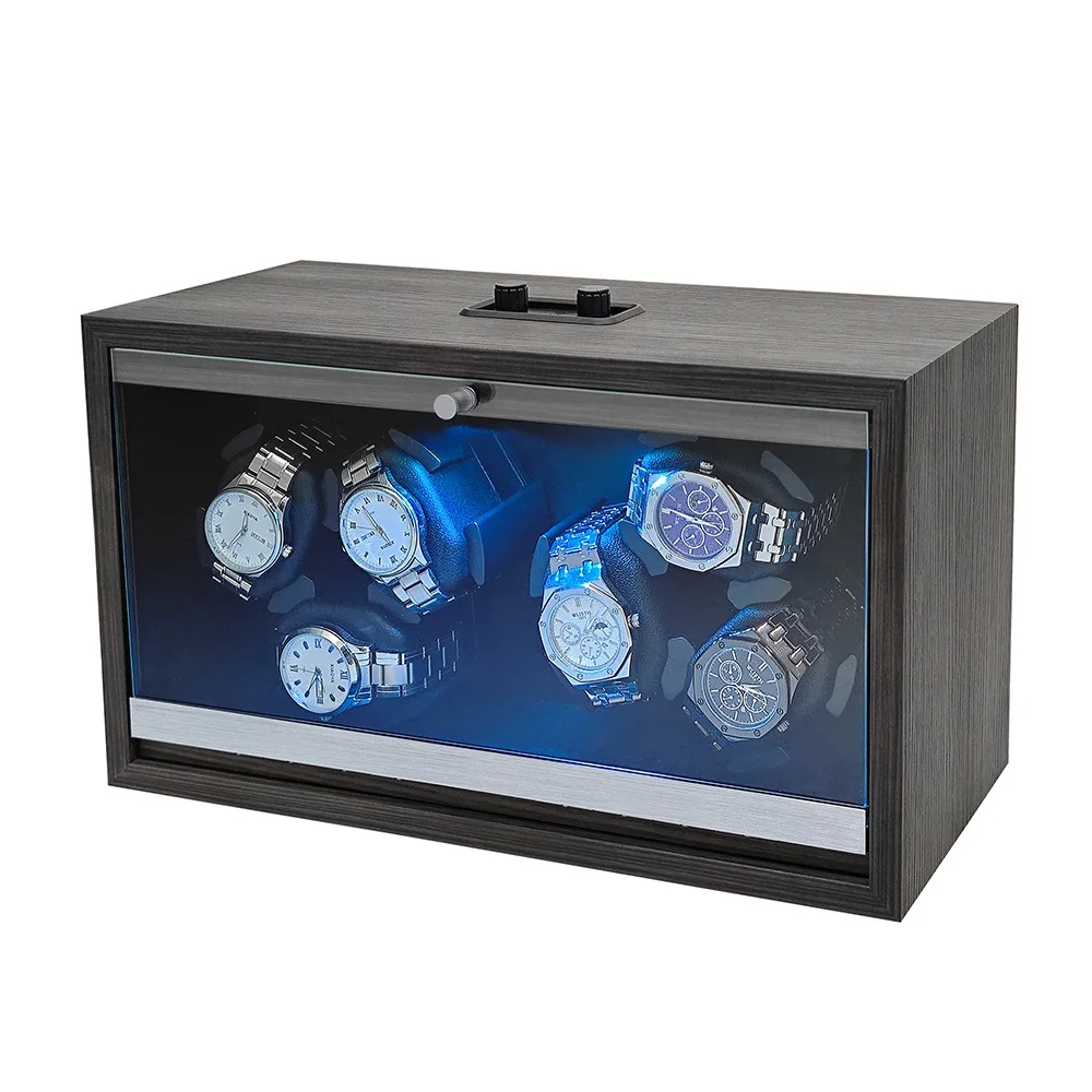 Watch winder manufacturer cabinet - six-slot dark wood-grain watch winder with a glass door, blue LED lighting and a silver base trim