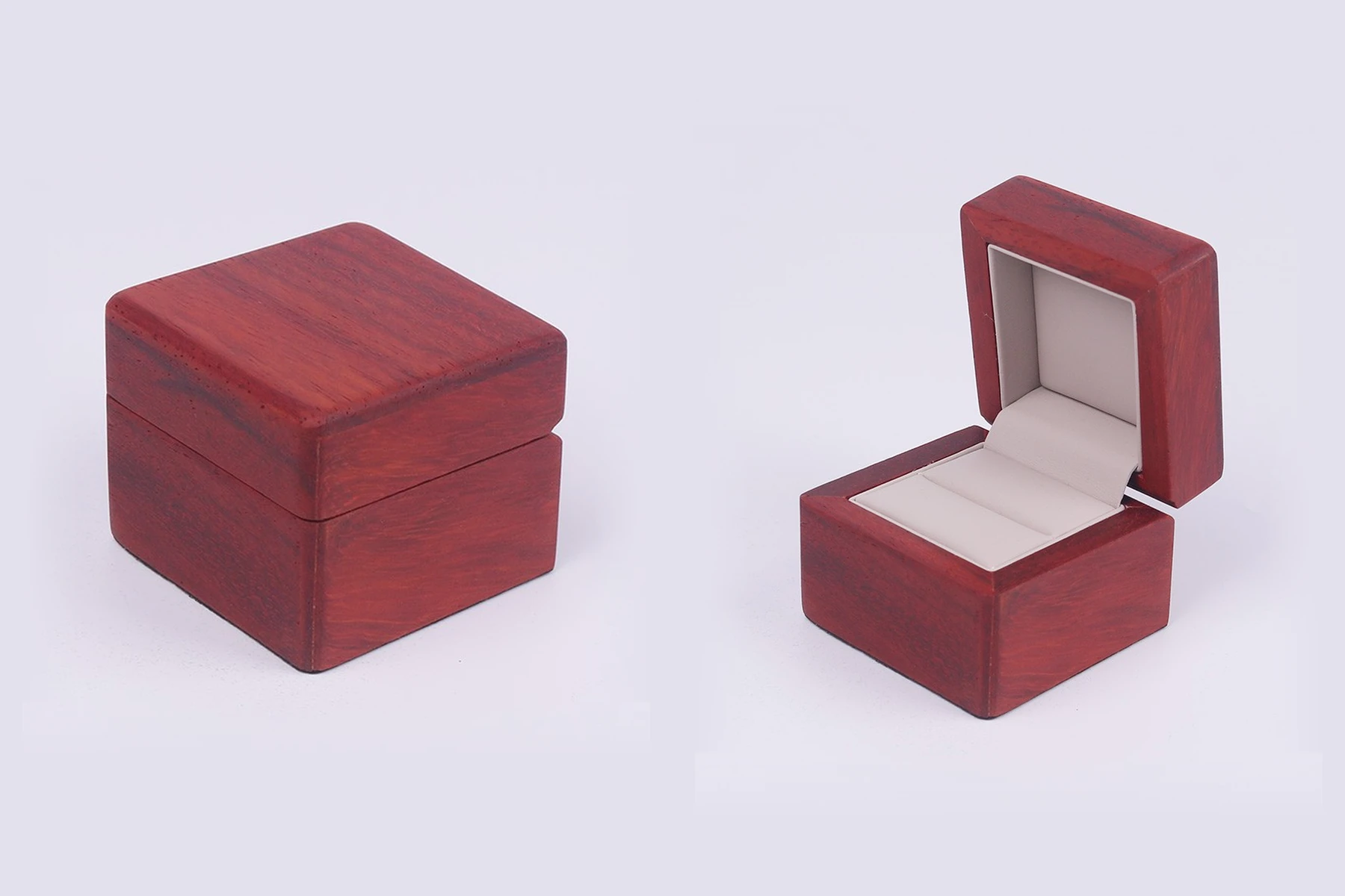 Jewelry box manufacturers origin comparison - rosewood ring box with a wax finish and no lacquer, shown closed and open to reveal the cream ring insert