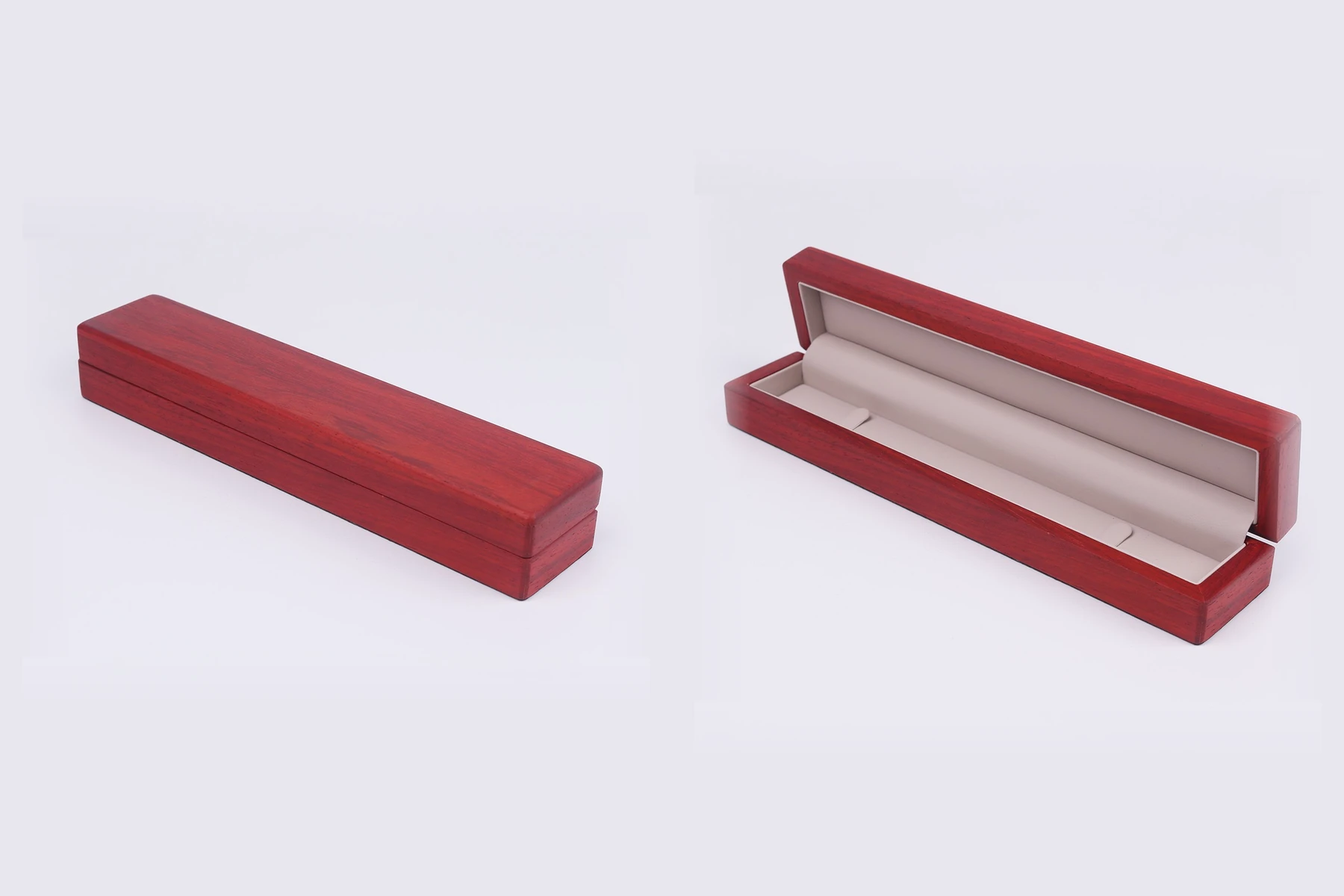 Jewelry box sourcing by product form - rosewood bracelet box with a wax finish, shown closed and open to reveal the cream roller insert