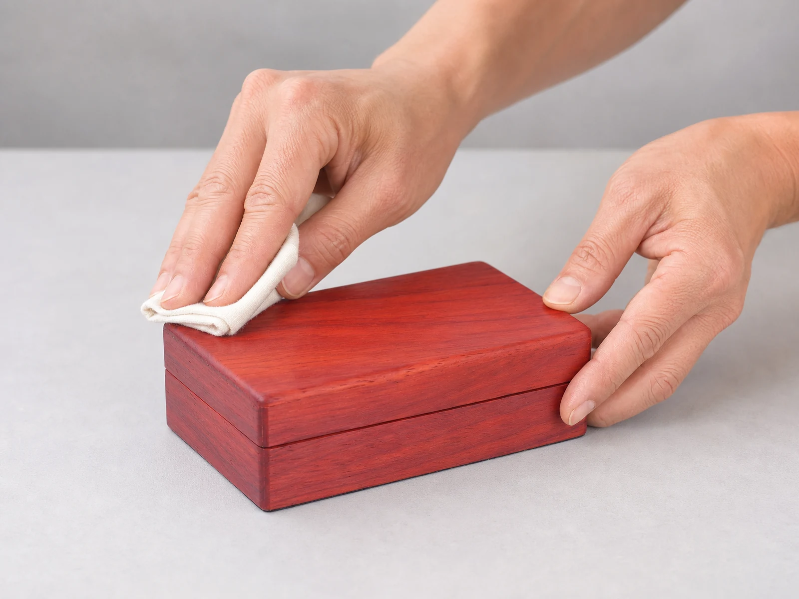 Hands buffing a wax-finished rosewood jewelry box on a clean workbench