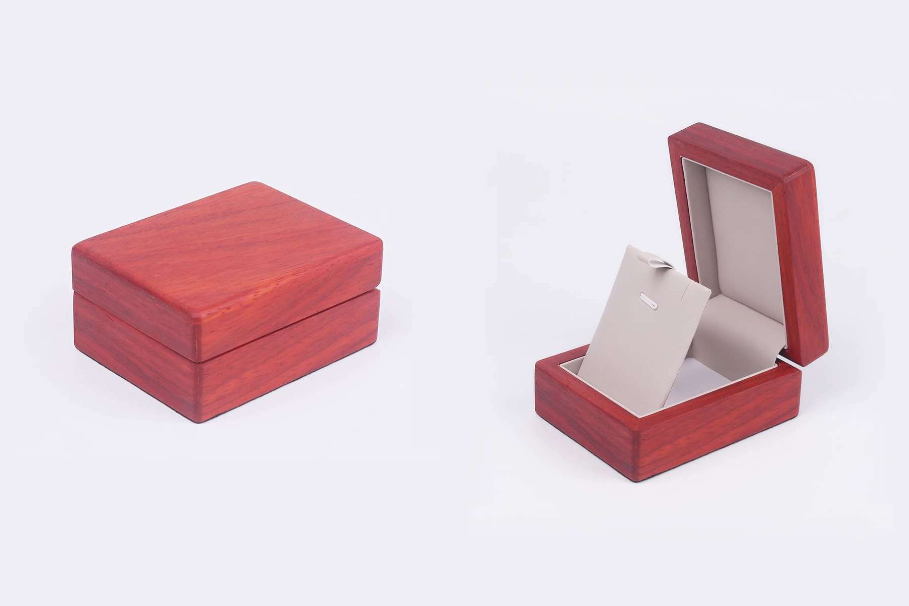 Jewelry box internal structure - rosewood pendant box with a wax finish, shown closed and open to reveal the cream pendant-card insert