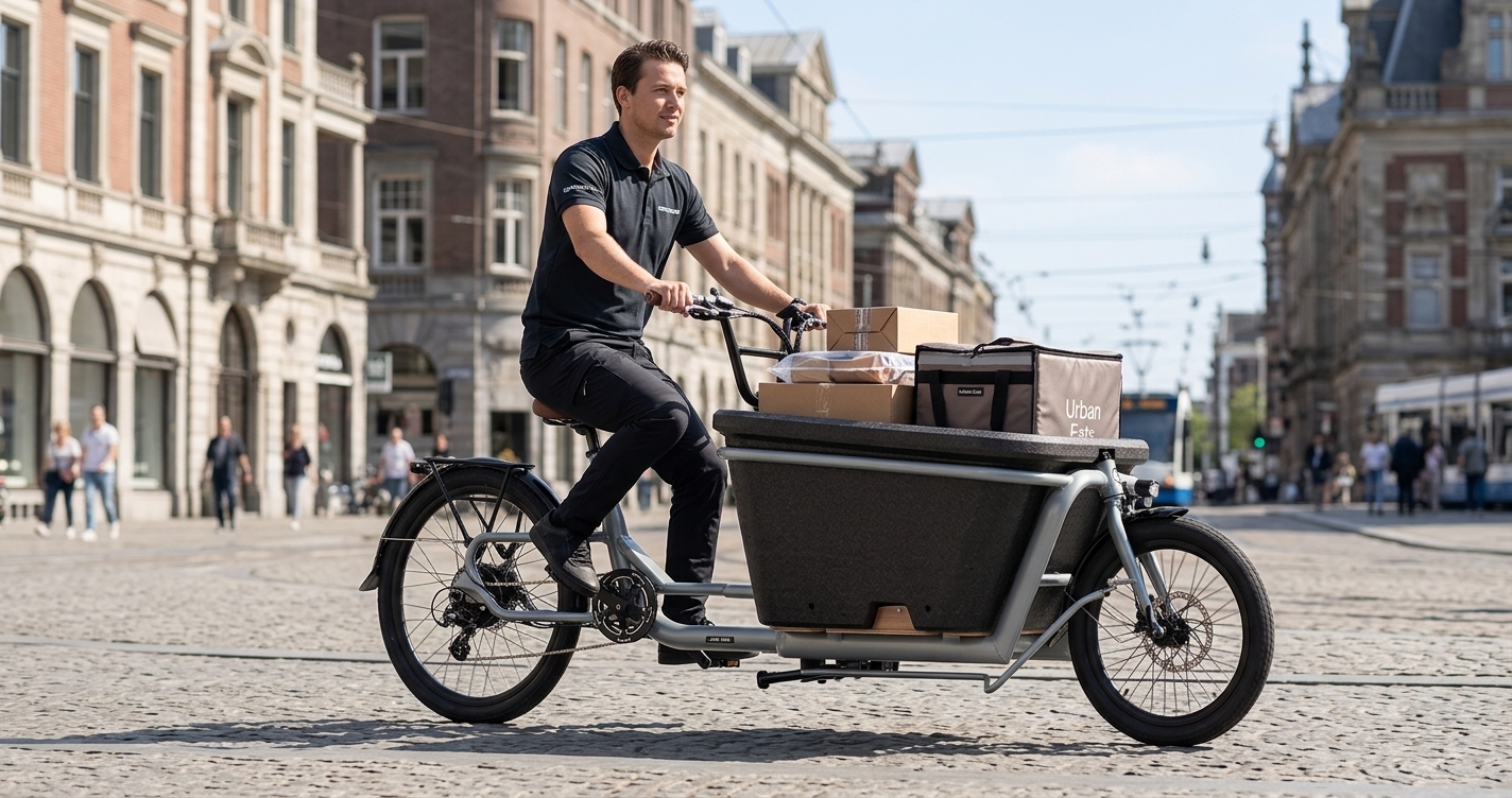 Parcel courier on a front load cargo e-bike