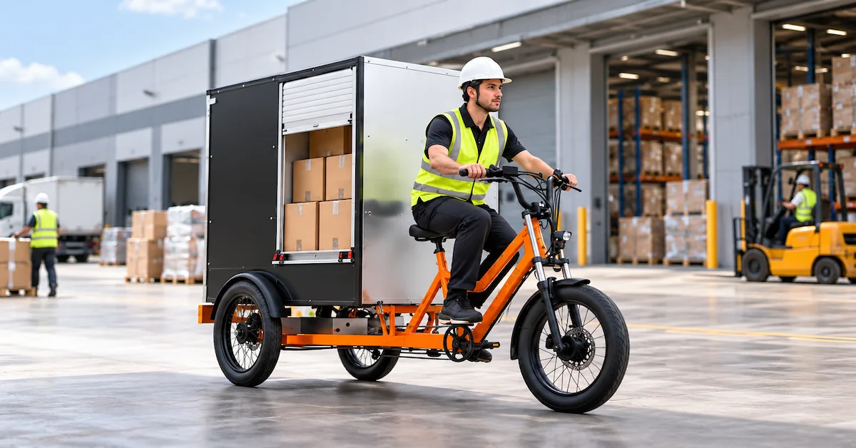 Electric cargo tricycle at warehouse entrance